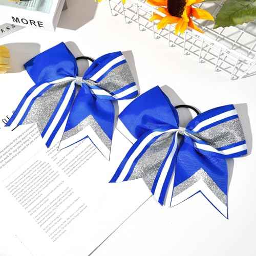 8 PCS Large Glitter Cheer Bows 8" Hair Bows Sparkly Cheerleading Softball Team Bow Hair Ponytail Holder Accessories for cheerleaders football Competition Sports- Silver Blue White