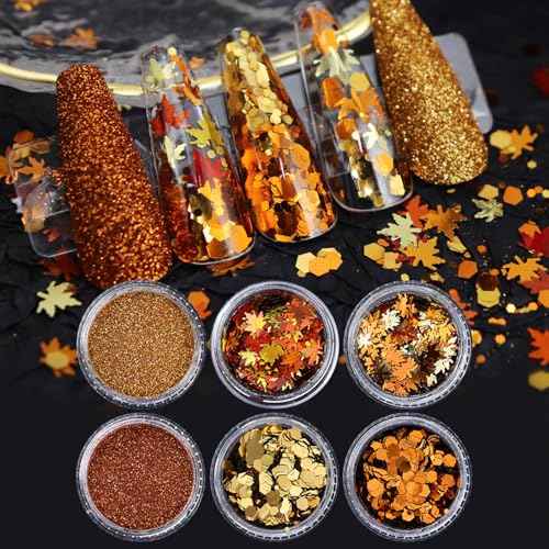 6-Grids Fall Maple Leaf Nail Art Glitter Sequins 3D Holographic Gold Orange Leaf Flakes Thanksgiving Supplies for Acrylic Nails Autumn DIY Decorations