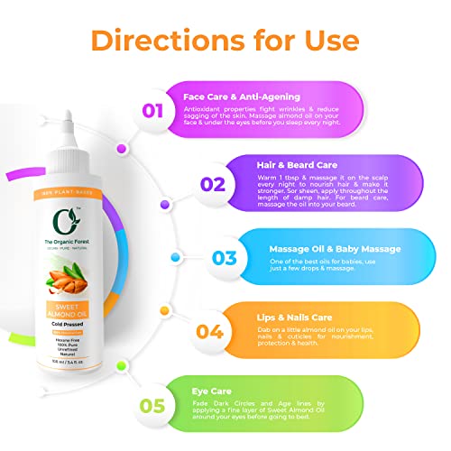 The Organic Forest Almond Oil for Hair, Face, Dry Skin, Cold Pressed 100% Pure Carrier Oil for Essential Body Oils for Women and Men, 100 ML
