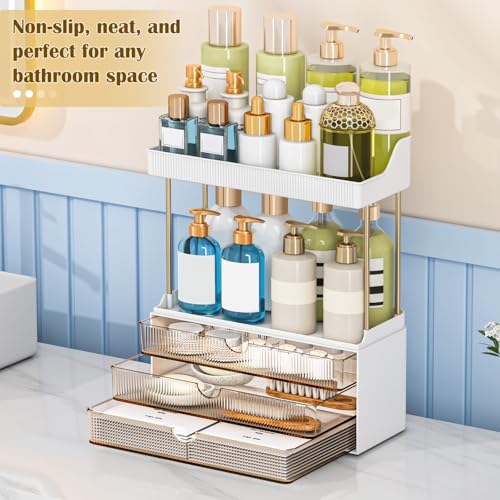 Bathroom Organizers and Storage - 3 Drawers 2 Tier Makeup Organizer, Cosmetic Storage Drawer for Dresser Countertop and Bathroom Vanity for Large Skincare, Perfume, Amber