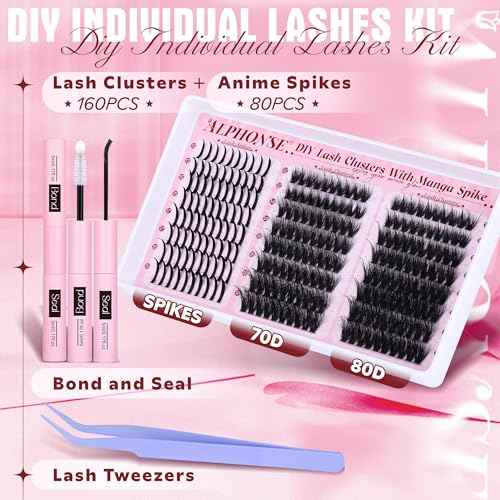 Lash Clusters with Spikes Manga Lash Kit 70D 80D Cluster Eyelash Extensions Kit CC-Curved Wispy Spiky Individual Lashes Kit with Bond Seal Tweezers by ALPHONSE