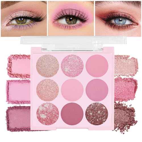 AMY'S DIARY Pink Shimmer Eye Shadow Makeup Palette 9 Colors, Highly Pigmented Matte Glitter Shimmer Pearl Waterproof Party Sparkling Eyeshadow Palette (02#)