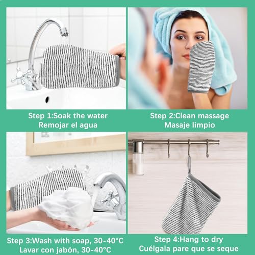 PHOGARY 8 Pack Microfiber Wash Mitts for Face Body, Soft Face Shower Bath Mitt Coral Fleece Washcloths, Reusable Makeup Remover Washcloths, European Style Towel, Grey Striped,7.8X 5.1in