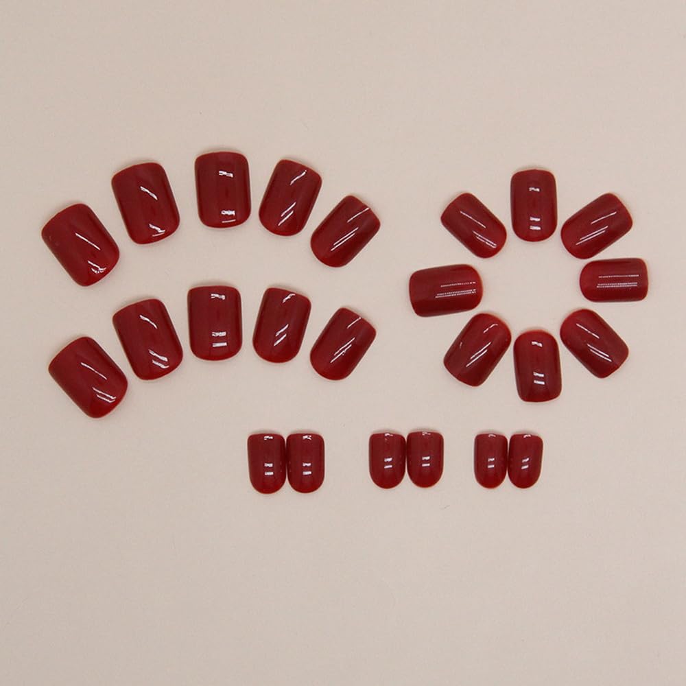 24Pcs Press on Nails Short Square Fake Nails Full Cover False Nails with Nail Glue Red Solid Color Glossy Glue on Nails Stick on Nails Acrylic Nails Artificial Nails for Women Girls