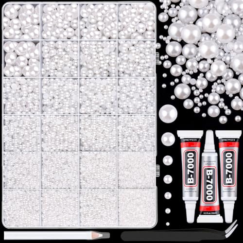 White Flatback Pearls Kit with B7000 Glue & Tools for DIY Crafting (16,500 Pcs)