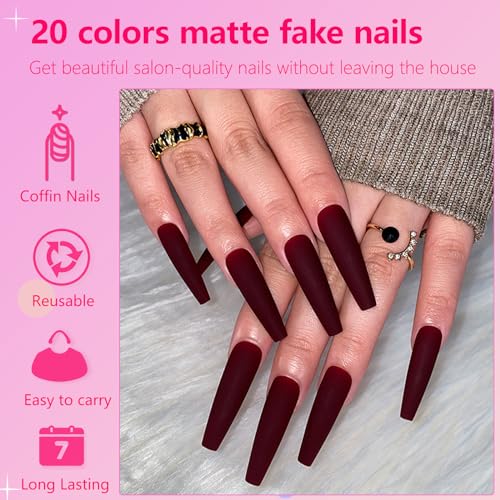 AddFavor Press on Nails Long Coffin Fake Nails, 576pcs Long Press on Nail Ballerina Acrylic False Nails Matte Solid Colored Artificial Nail for Women and Girls