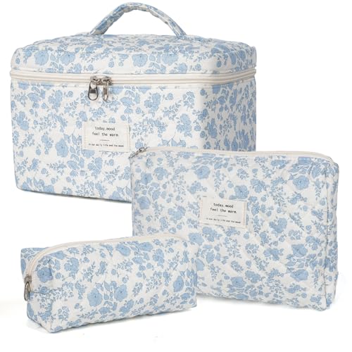 Quilted Floral Makeup Bag Set - 3 Piece Cotton Travel Cosmetic Organizer