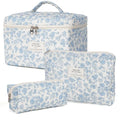 Quilted Floral Makeup Bag Set - 3 Piece Cotton Travel Cosmetic Organizer