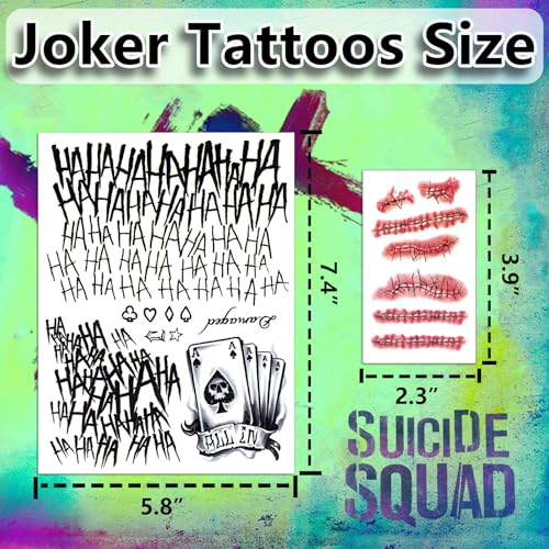 13 Sheets Joker Tattoos Halloween - HAHAHA Damaged JOKER Smile Temporary Tattoos for Kids Fake Tattoo Stickers Joker Costume Masquerade Cosplay Party Accessories Makeup Waterproof