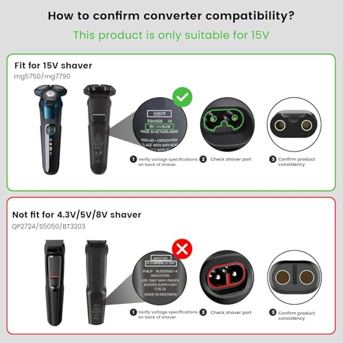 15V Compatible with Philips Norelco Charger, HQ8505 Razor Power Cord for (Older Shaver) Series 3000 5000 6000 7000 9000, Multigroom MG5750 MG7750 MG7770 MG7790 BodyGroomer BG7030 BG7040 BG5025