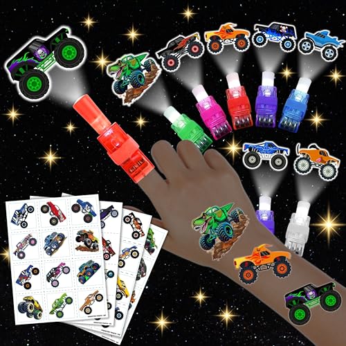 Monster Truck Party Favors Set - 72 PCS LED Lights & Tattoos