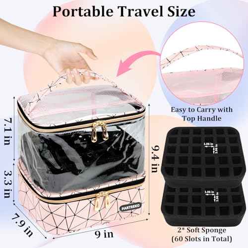 Clear Nail Polish Organizer Holds 60 Bottles (15ml/0.5fl.oz)& Nail Lamp, Double Layer Nail Supplies Organizer Case Transplant, PU Leather Nail kit Storage Bag for Manicure Tools (Pink)
