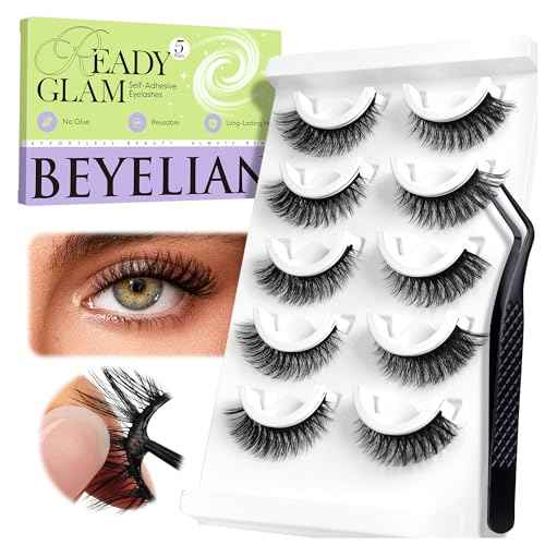 BEYELIAN Self Adhesive Eyelashes Natural Pre-glued Lashes No Glue Needed Lashes Cat Eye Lashes False Eyelashes Reusable Self Adhesive Lashes 5 Pairs (HX55)