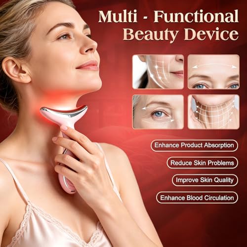 Pink Face and Neck Massager with Smart Vibration, Red Light & EMS Modes - Mdewirt