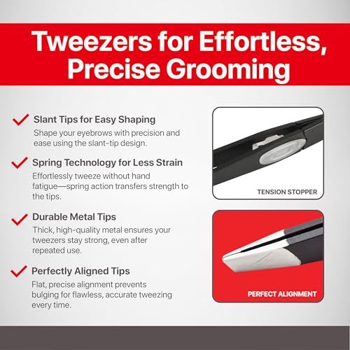 SEKI EDGE SS-518 Amazing Tweezer - Slant Tip with Tension Stopper - Stainless Steel -Black- Crafted with Patented Spring Technology for Precision and Flawless Eyebrow and Hair Removal - Made in Japan