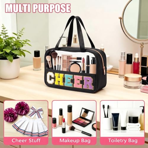 KRYZMET Cheer Makeup Bag Black with Chenille Letter Patch Waterproof Nylon, Travel Organizer for Girls & Women