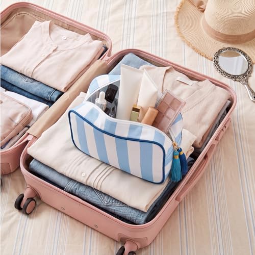 Kacctyen 6-Pack Blue Striped Makeup Bags with Tassel - Travel Toiletry Organizer
