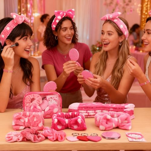 48 Pcs Galentine's Day Gifts Valentine's Pink Gift for Women Include Fluffy Socks Compact Mirrors Makeup Bags Headbands Scrunchies Greeting Cards Heart Keychains Bracelet for Party Supply