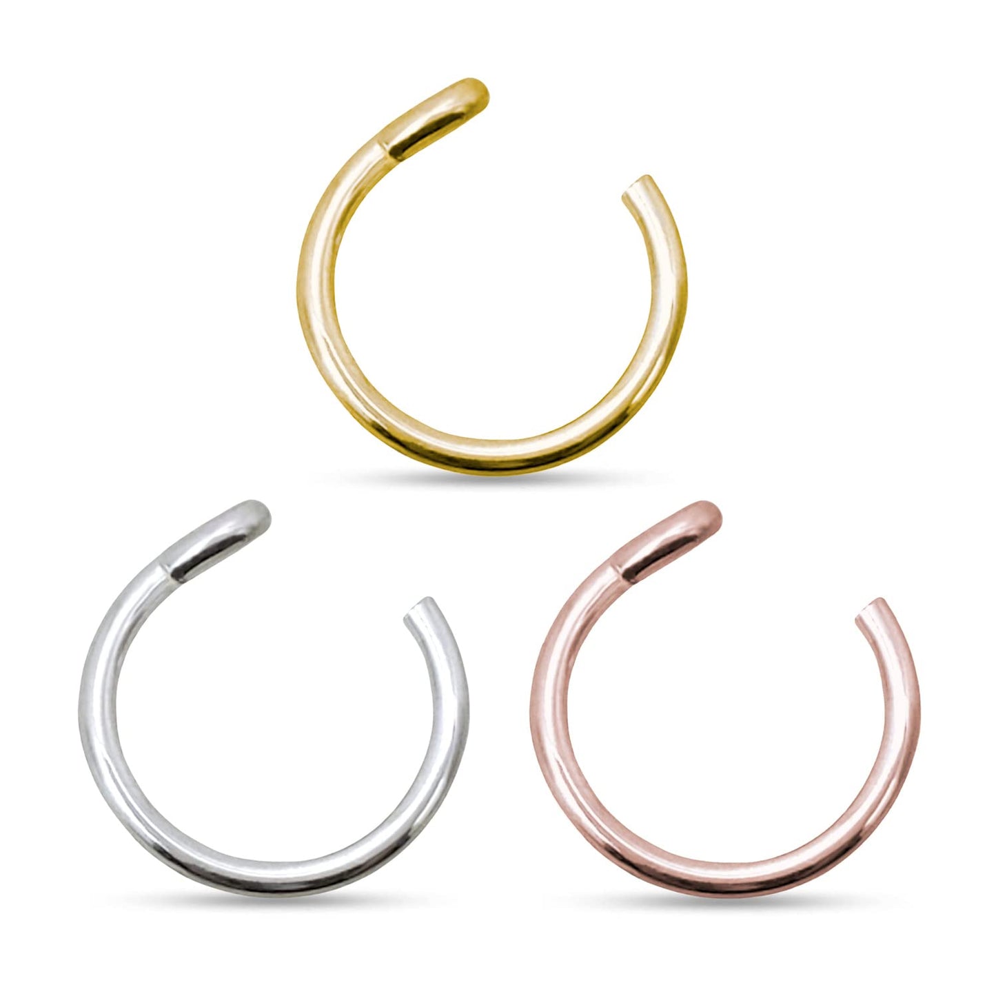 Set of 3 Fake Clip On Nose Rings 20g - Gold, Rose Gold and Silver Tone Tiny Faux Piercing Hoops - No Piercing Needed