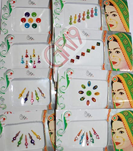 12pc Multicolored Indian Bindi Set with Crystals