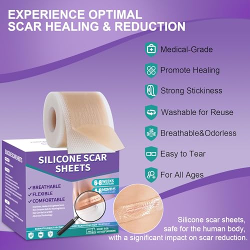 Silicone Scar Sheets, Medical Grade Silicone Scar Tape (1.6" x 120"), Professional Scar Removal Treatment, Reusable, for Healing Keloids, Surgeries Scars, C-sections, and Burns
