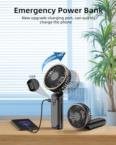 TUNISE Portable Handheld Fan, Portable Fan Rechargeable, 4000mAh, 180° Adjustable, 6 Speed Wind, Display Electricity in Real Time, USB Rechargeable Foldable Fan, Quiet Personal Fan as the Power Bank