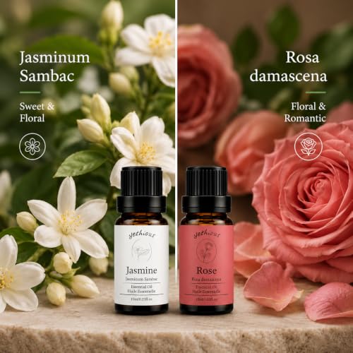 Yethious Rose & Jasmine Essential Oil Set for Diffuser, Skin & Hair Care – Pack of 2, 0.33 Fl Oz Each