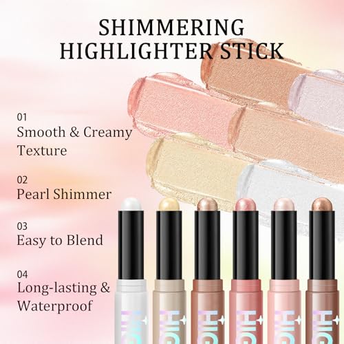 Shimmer Highlighter Stick Set, 6 Colors Waterproof Glow Pen
