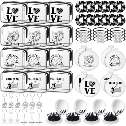 Meanplan 60 Pcs Volleyball Party Favors Volleyball Team Gifts for Players with 12 Set Bracelets Keychains Makeup Bag Mini Brush with Mirror Hair Scrunchies for Sport Party Supplies