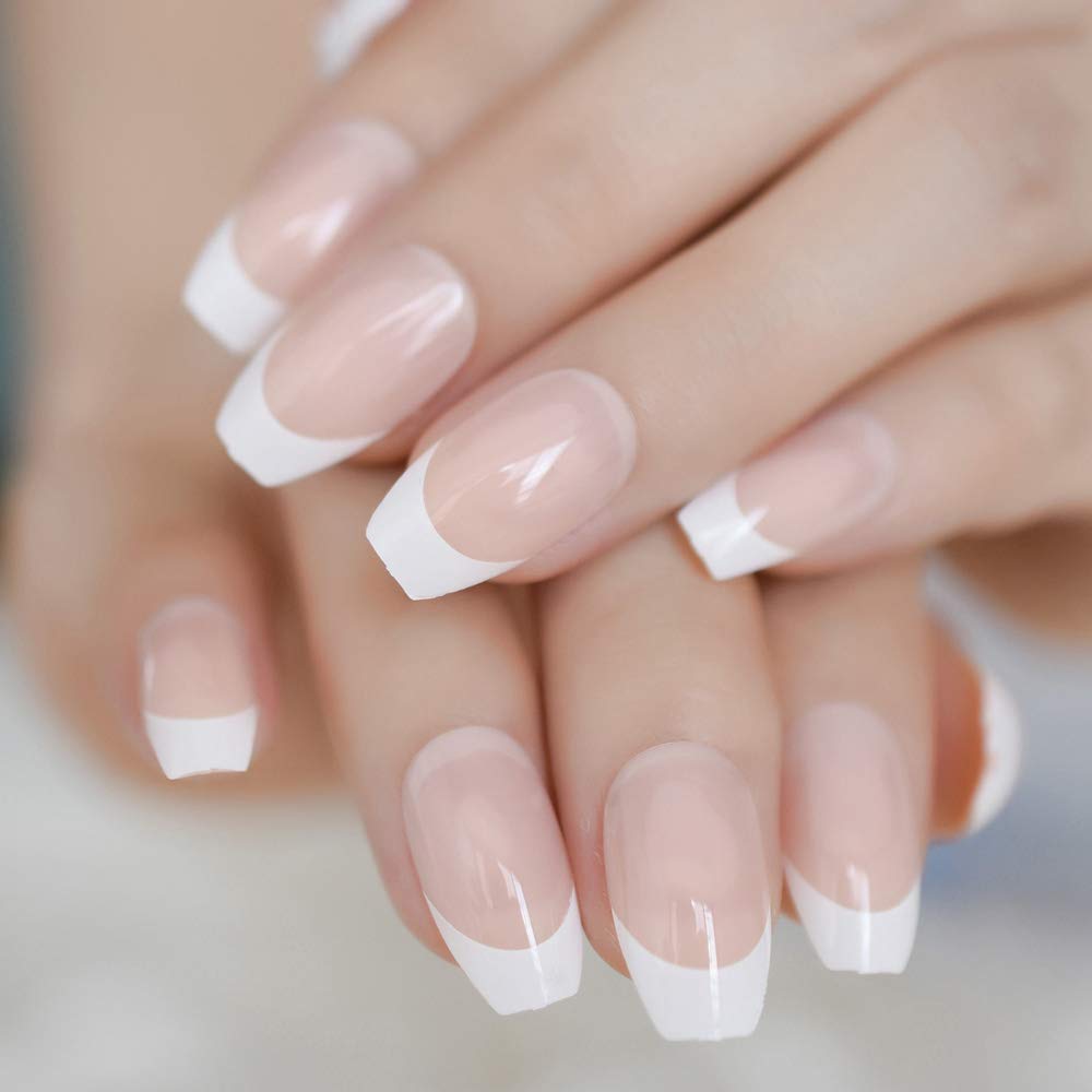 CoolNail natural Nude White French Coffin False Fake Nails Press on Flat Ballerina Nails Art Tips Daily Office Finger Wear Manicure 24pcs