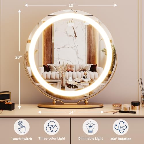 GarveeHome 19 in Vanity Mirror with Lights, Round Large LED Vanity Mirror with Smart Touch 3 Colors Dimmable, Touch Lighting, 360¡Æ Rotation for Dressing Room & Bedroom Tabletop, Easy Assembly(Gold)