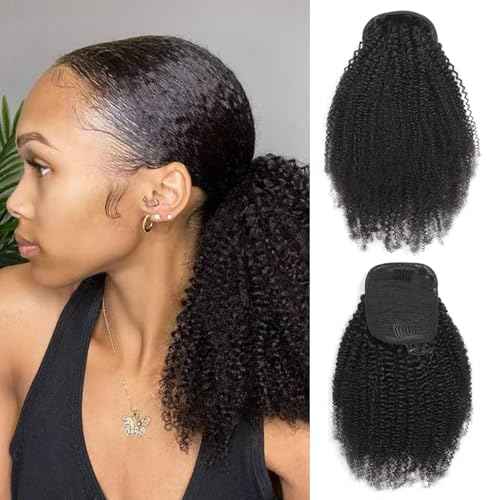 Human Hair Afro Kinky Curly Ponytail Drawstring Ponytail 4C for Black Women Afro Puff Drawstring Ponytail Extension Human Hair Natural Black 16 Inch