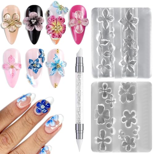 2PCS Floral Silicone Nail Art Molds with Double-Ended Sculpting Pen for 3D Nail Design