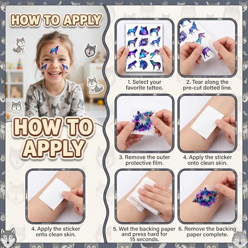 96 PCS Pre-Cut Wolf Temporary Tattoos for Kids