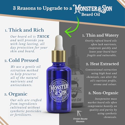Monster&Son Sandalwood with Frankincense Raw Cold Pressed Organic Beard Oil 1.7oz - Helps to Hydrate, Style and Promote New Hair Growth - Rich in Vitamins & Minerals - Jojoba, Argan & Meadowfoam Oils