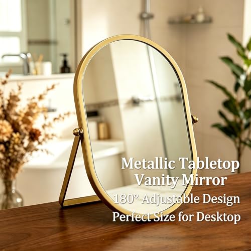 Oval Vanity Mirror 360° Rotation 180° Tilt with Gold Metal Frame - Desktop Tabletop Makeup Mirror