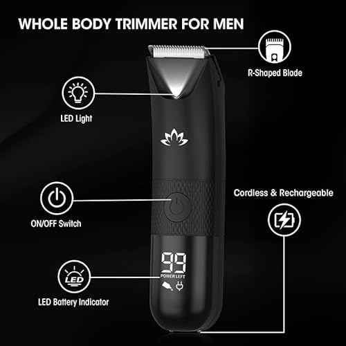 Manscape Trimmer for Men - Electric Body Hair Trimmer with Light, IPX7 Waterproof Electric Razor for Balls/Pubic/Groin/Legs/Chest Hair Removal, Lightweight with LED Display, Gifts for Him Dad