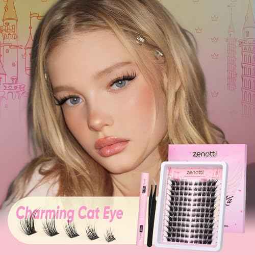 Lash Clusters Kit Cat Eye Cluster Eyelash Extensions Kit Wispy Fairy Lash Clusters Kit Natural Individual lashes Fox Eye DIY Lash Extensions with Lash Bond and Seal and Eyelash Tweezers by zenotti