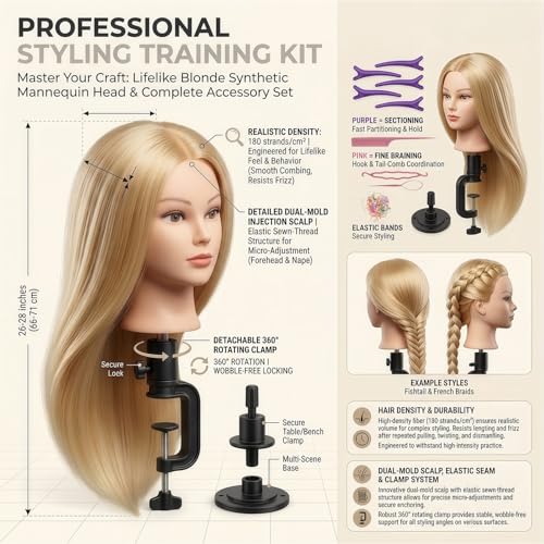 26 Inch 80% Human Hair Mannequin Head with Stand & Braiding Kit