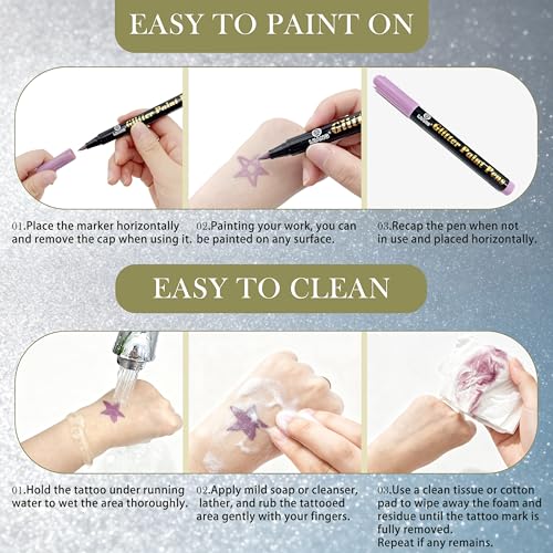 IJIANG 15 Metallic Glitter Tattoo Markers - Skin-Safe & Washable