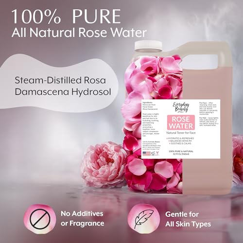 Rose Water Facial Toner - 32oz Bulk Alcohol-Free Vegan All Natural Refreshing for Face and Hair - Uplifts, Calming & Soothing for All Skin Types
