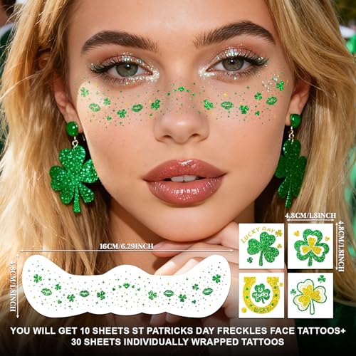 St Patricks Day Temporary Tattoos, 40 Pcs Glitter Shamrock Face Stickers