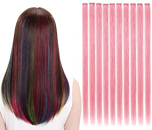 LiaSun 10Pcs/set Multi-Colors Straight Highlight Clip in Hair Extensions 20 Inch Colored Party Hair Pieces (Lovely Pink)