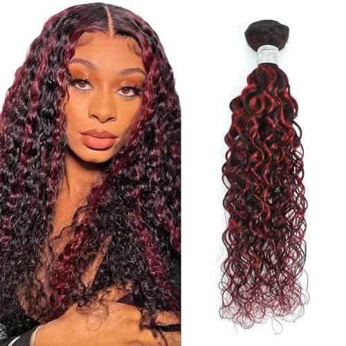 Water Wave 1B/Burgundy Red Human Hair Bundles 12 Inch, Wet and Wavy Ombre Burgundy Highlight Skunk Stripe Red Curly Bundles, Balayage Bundles Sew In Weave 12A 100% Brazilian Raw Virgin Hair, Single