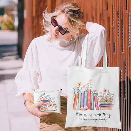 Y1tvei Aesthetic Canvas Tote Bag - 2Pcs Colorful Reading Canvas Cosmetic Bag Set There Is No Such Thing As Too Many Books Tote Bag Makeup Reusable Grocery Bags Black to School Gift for Women Girls