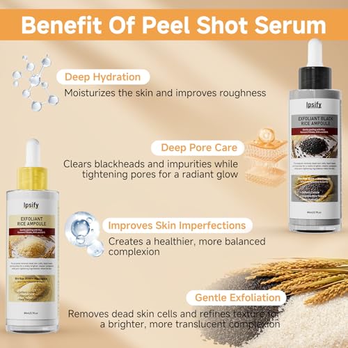 Peel Shot Glow Rice Ampoule Duo, Black and White Rice Exfoliant for Face and Body, Rice Exfoliator for Faces Dead Skin Cells Remover, Face Peel Shot Serum for Softens Cuticle (White+Black, 160ml)