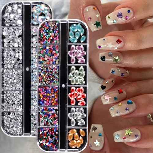 Nail Charms Art Kit with 30 Sheets Gold Nail Stickers and 6 Boxes of Nails Gems with Manicure Art Tools for 3D Nails Supplies DIY Charms and Rhinestones