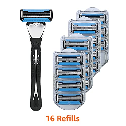 Amazon Basics 5‑Blade MotionSphere Men's Razor with Lubrication & Trimmer — 1 Handle + 16 Cartridges