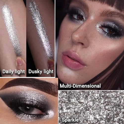Afflano Silver Glitter Eyeshadow Super Pigmented, Intense Color Gray Silver Eyeshadow Palette Single, Long Lasting Sparkle Shimmer Metallic Glitter Eyes Look, Blendable Neutral Grey Eye Shadow Makeup