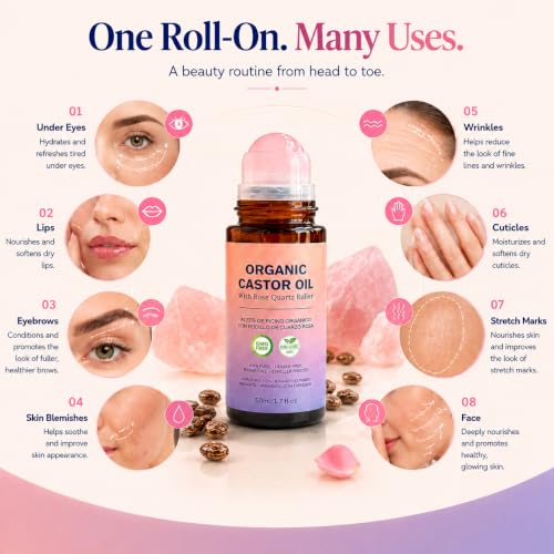 Organic Castor Oil Roll-On with Rose Quartz Roller, 1.7 fl oz